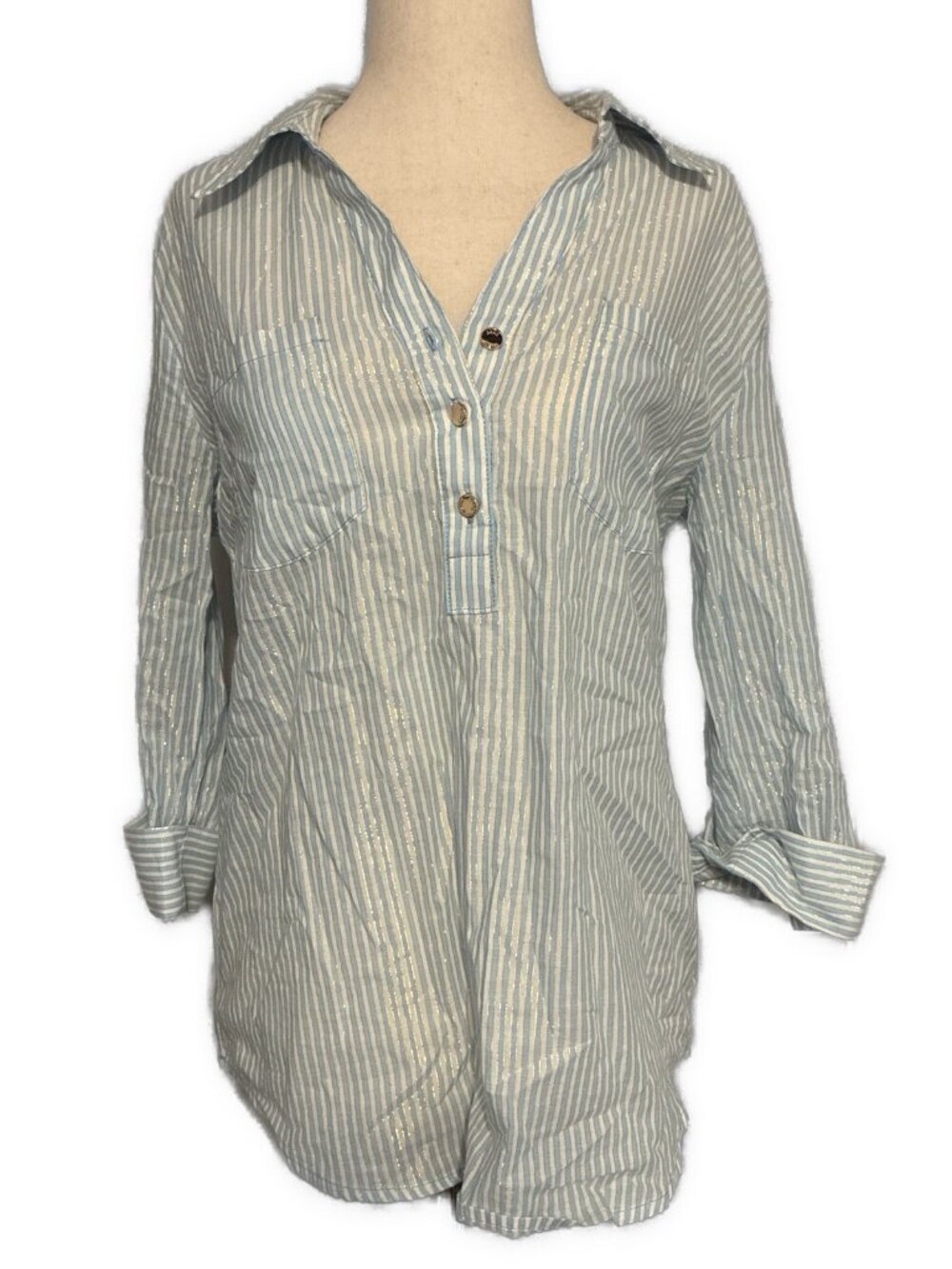 Anne Klein Blue White Gold Metallic Striped Roll-Tab 3/4 Sleeve Top Shirt Small
